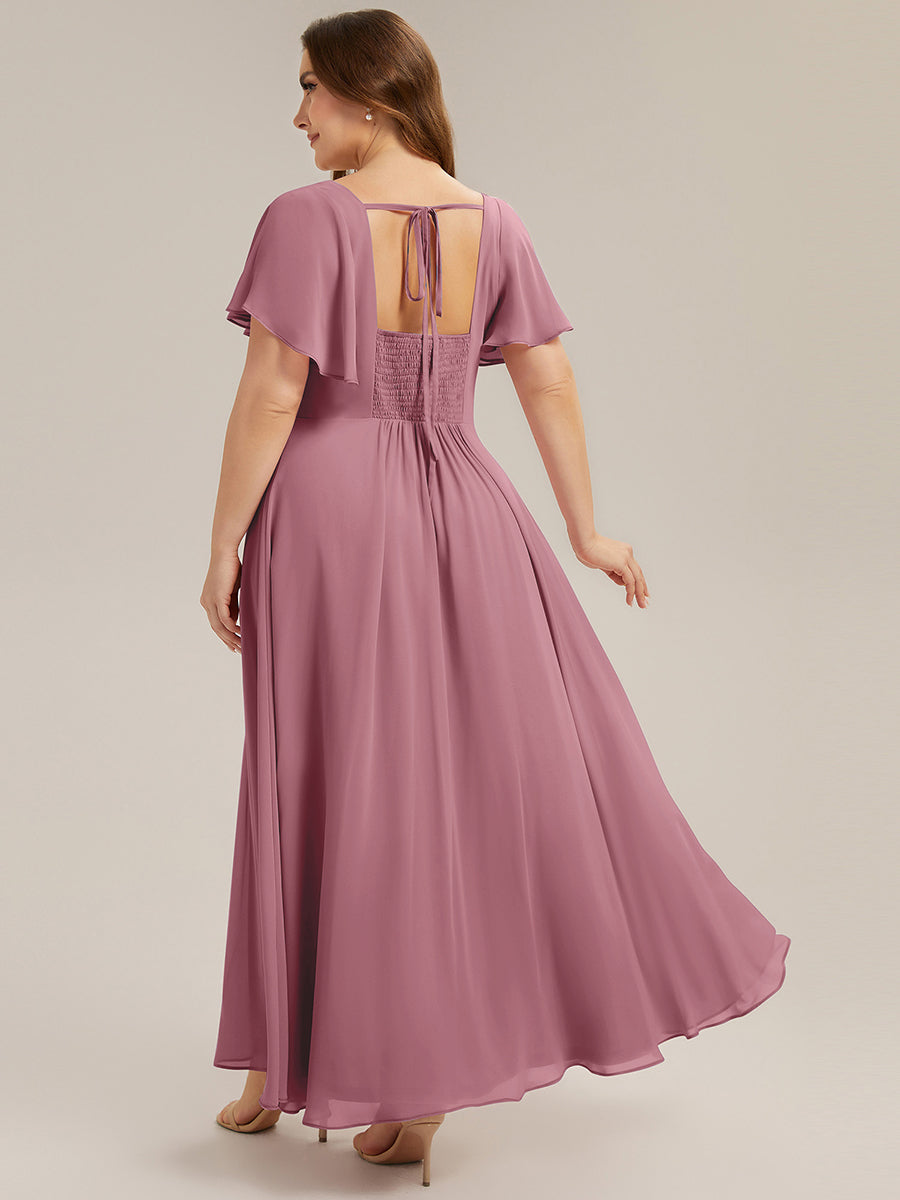 pretty AVIEL|Plus Size Square Neck Chiffon Ruffle Sleeve Bridesmaid Dress