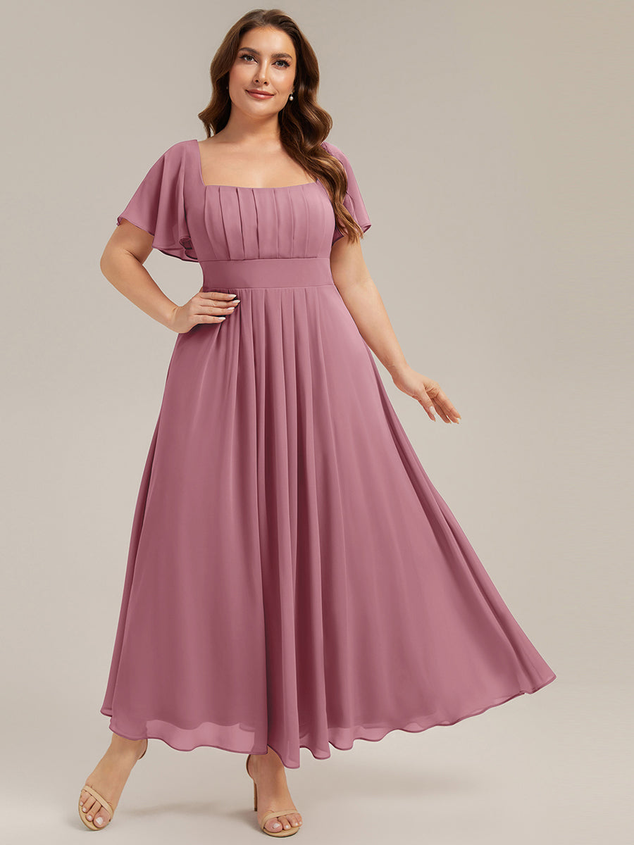 pretty AVIEL|Plus Size Square Neck Chiffon Ruffle Sleeve Bridesmaid Dress