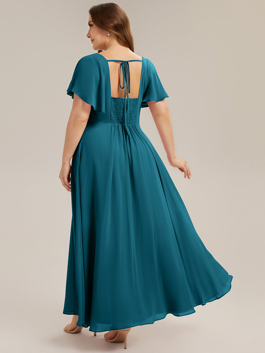 pretty AVIEL|Plus Size Square Neck Chiffon Ruffle Sleeve Bridesmaid Dress