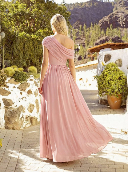 Gathered Chiffon Off the Shoulder Bridesmaid Dress