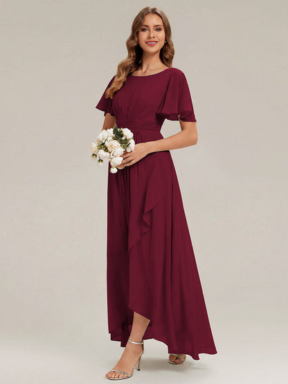 ever SAGE|High Low Ruched Chiffon Ruffle Sleeve Bridesmaid Dress