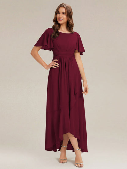 ever SAGE|High Low Ruched Chiffon Ruffle Sleeve Bridesmaid Dress