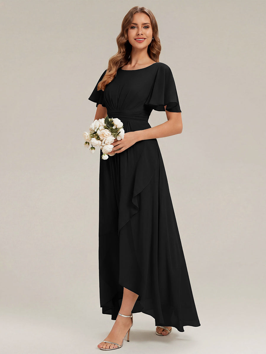ever SAGE|High Low Ruched Chiffon Ruffle Sleeve Bridesmaid Dress