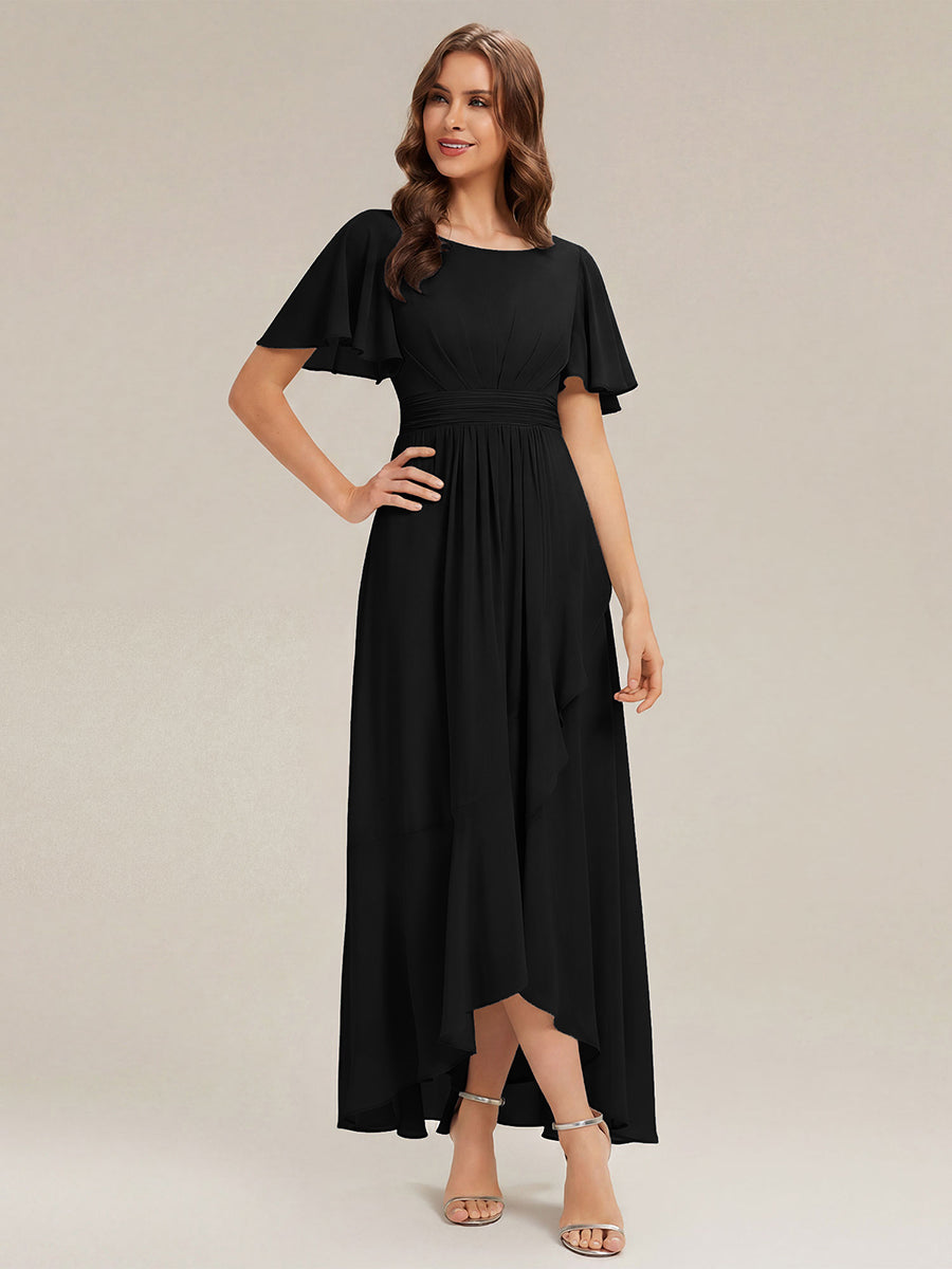 ever SAGE|High Low Ruched Chiffon Ruffle Sleeve Bridesmaid Dress