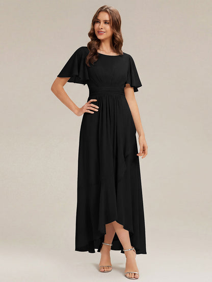ever SAGE|High Low Ruched Chiffon Ruffle Sleeve Bridesmaid Dress