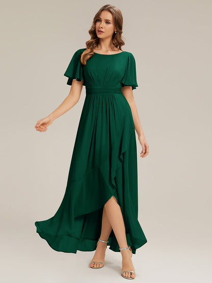 ever SAGE|High Low Ruched Chiffon Ruffle Sleeve Bridesmaid Dress