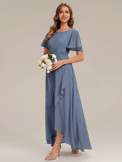 ever SAGE|High Low Ruched Chiffon Ruffle Sleeve Bridesmaid Dress