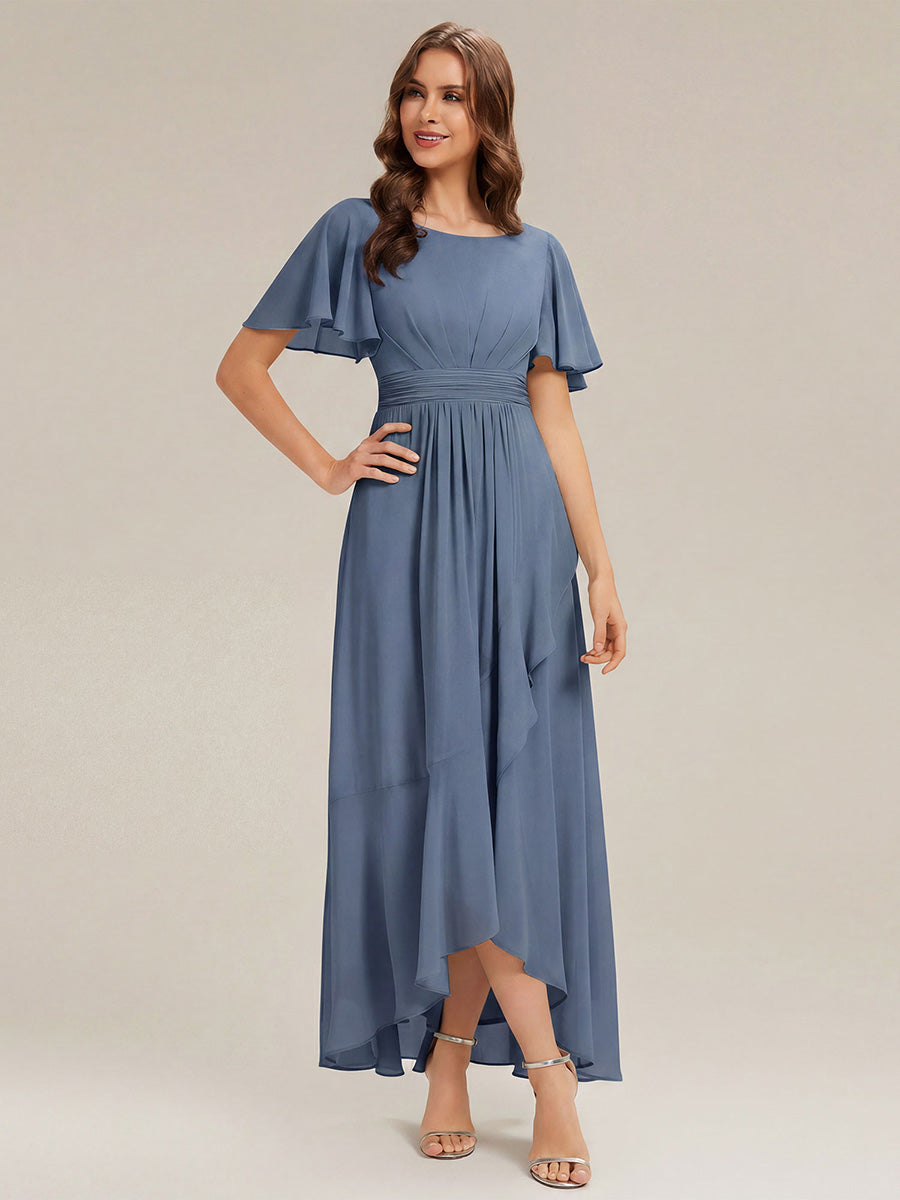 ever SAGE|High Low Ruched Chiffon Ruffle Sleeve Bridesmaid Dress