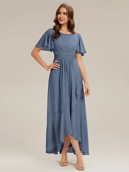 ever SAGE|High Low Ruched Chiffon Ruffle Sleeve Bridesmaid Dress