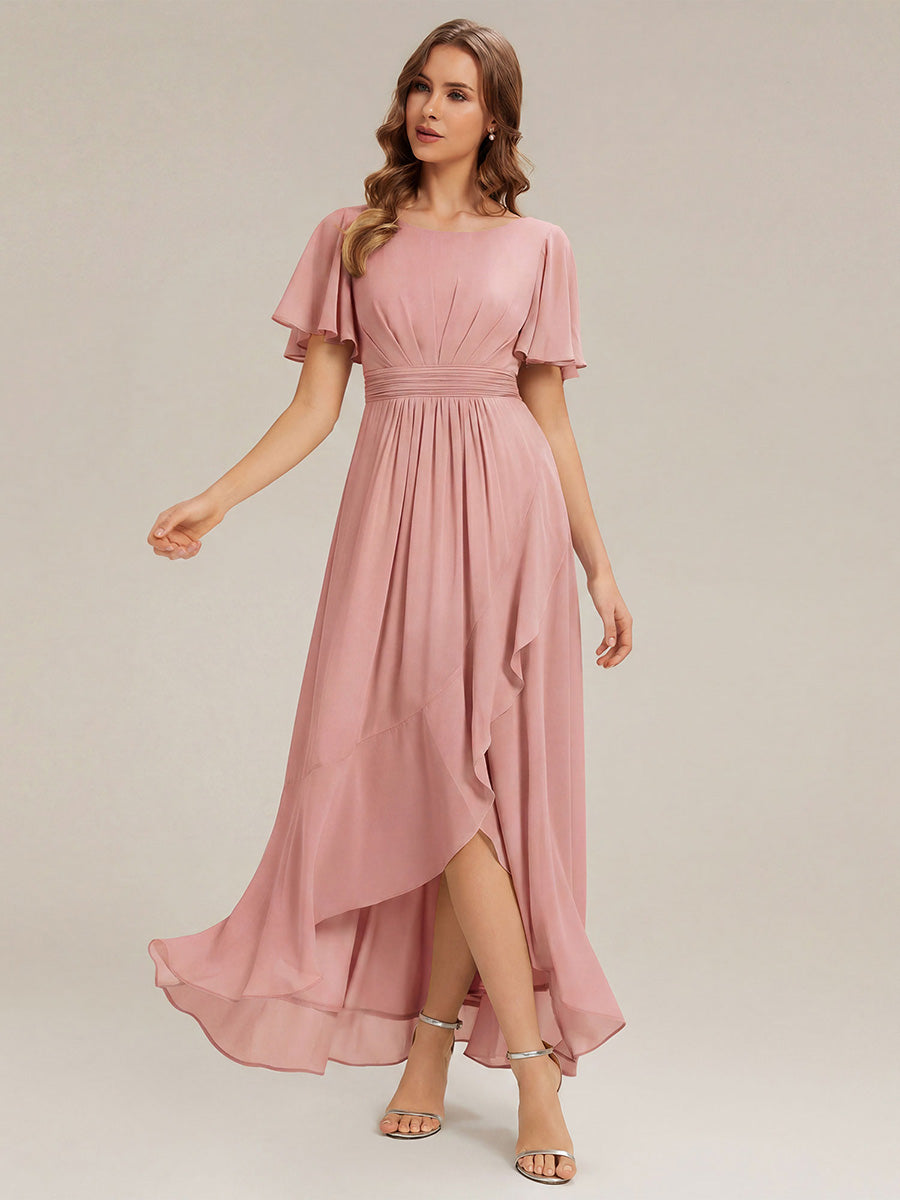 ever SAGE|High Low Ruched Chiffon Ruffle Sleeve Bridesmaid Dress