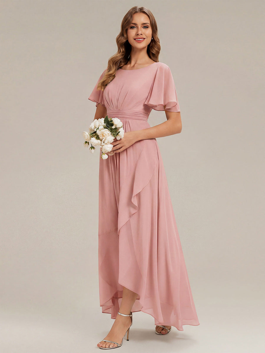 ever SAGE|High Low Ruched Chiffon Ruffle Sleeve Bridesmaid Dress