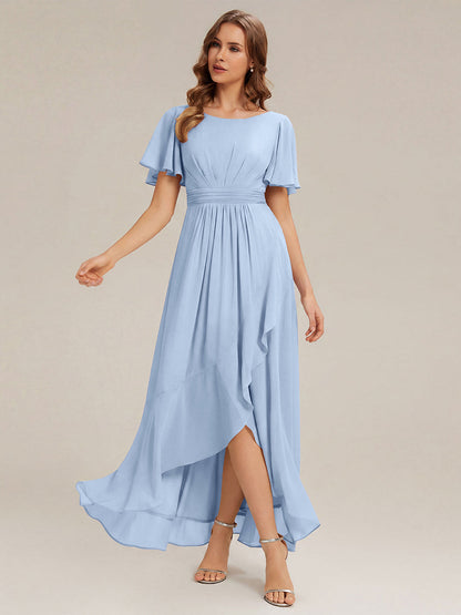 ever SAGE|High Low Ruched Chiffon Ruffle Sleeve Bridesmaid Dress