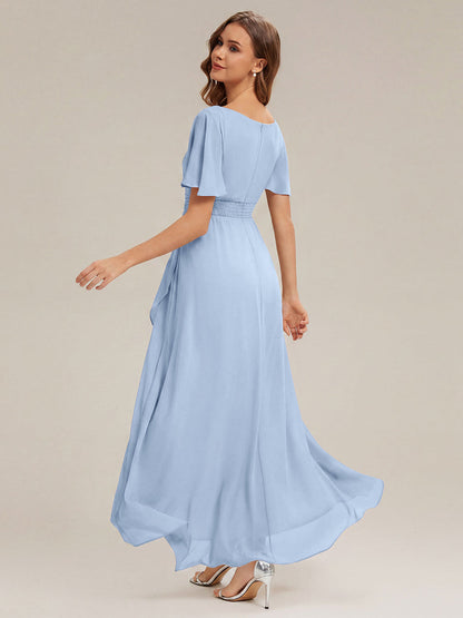 ever SAGE|High Low Ruched Chiffon Ruffle Sleeve Bridesmaid Dress