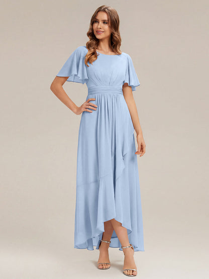 ever SAGE|High Low Ruched Chiffon Ruffle Sleeve Bridesmaid Dress