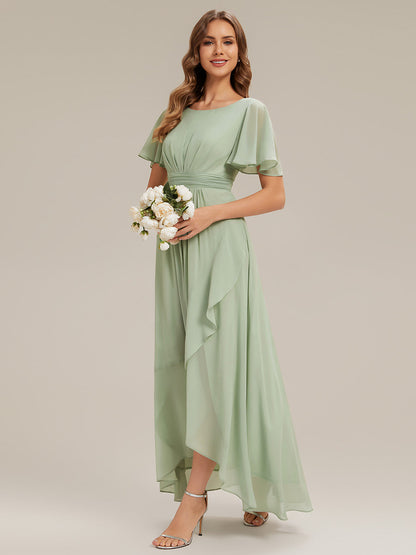ever SAGE|High Low Ruched Chiffon Ruffle Sleeve Bridesmaid Dress