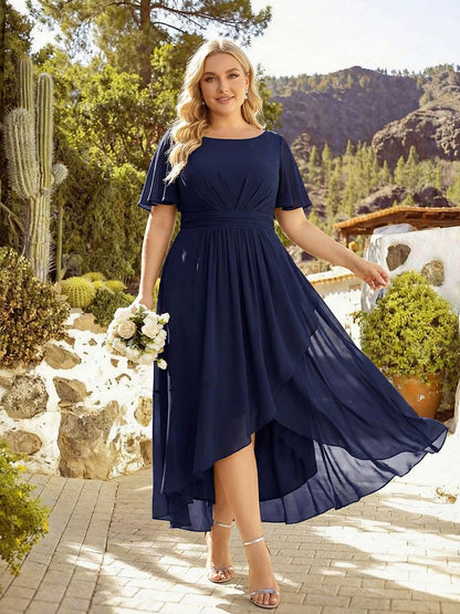 ever SAGE|High Low Ruched Chiffon Ruffle Sleeve Bridesmaid Dress
