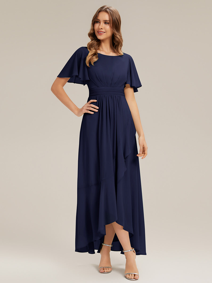 ever SAGE|High Low Ruched Chiffon Ruffle Sleeve Bridesmaid Dress