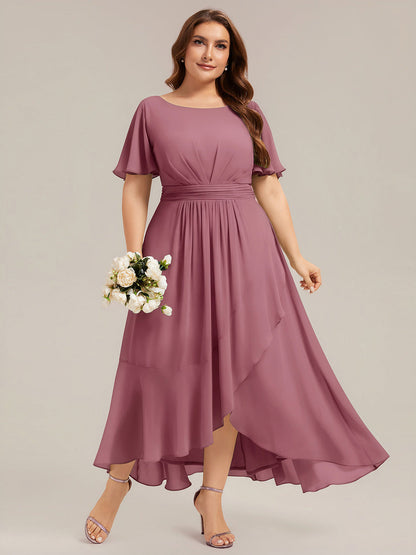 ever SAGE|High Low Ruched Chiffon Ruffle Sleeve Bridesmaid Dress