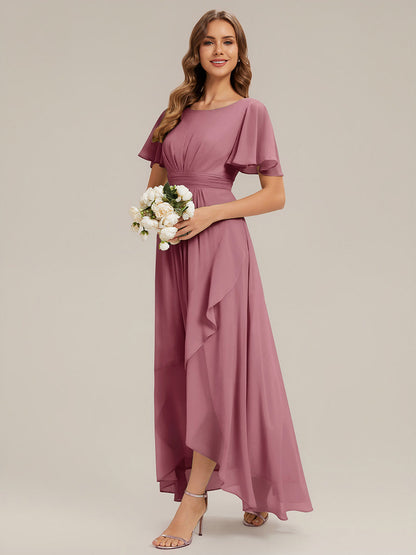 ever SAGE|High Low Ruched Chiffon Ruffle Sleeve Bridesmaid Dress