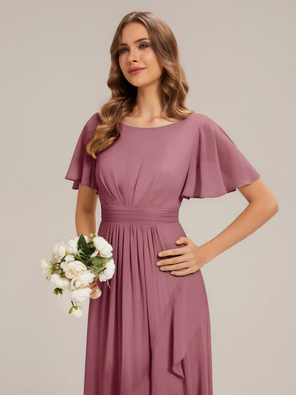 ever SAGE|High Low Ruched Chiffon Ruffle Sleeve Bridesmaid Dress