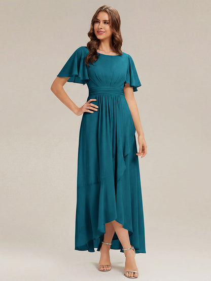 ever SAGE|High Low Ruched Chiffon Ruffle Sleeve Bridesmaid Dress