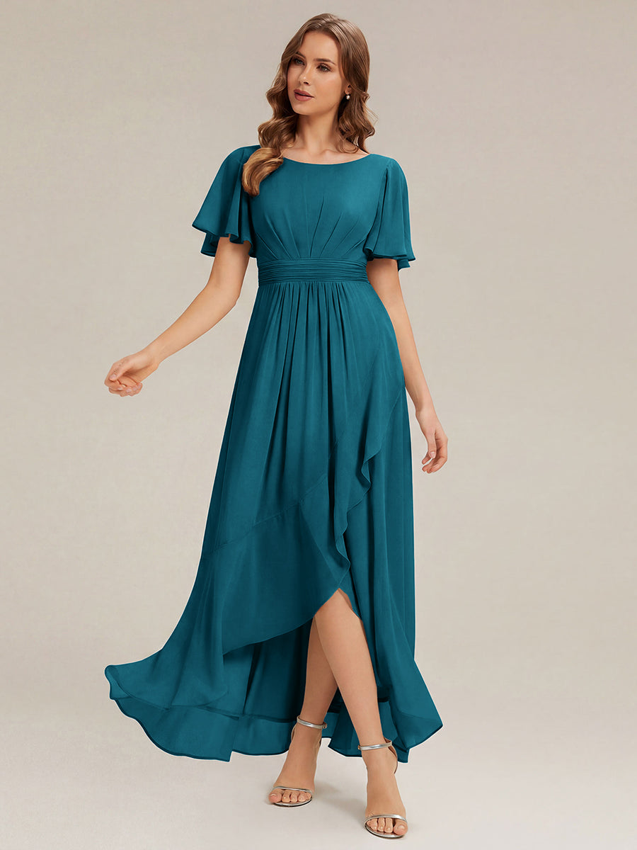 ever SAGE|High Low Ruched Chiffon Ruffle Sleeve Bridesmaid Dress