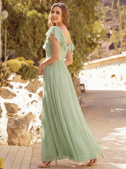 ever AIDA|Cold Shoulder Chiffon Ruffle Sleeve Bridesmaid Dress