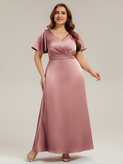 Gathered Satin Ruffle Sleeve Bridesmaid Dress