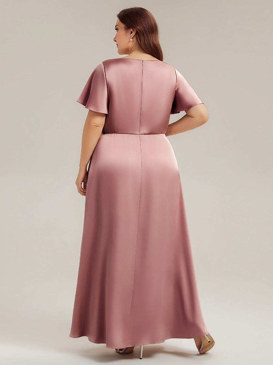 Gathered Satin Ruffle Sleeve Bridesmaid Dress