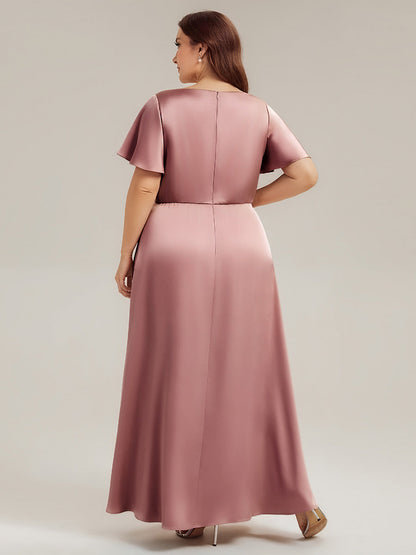 Plus Size Satin Ruffle Sleeve Bridesmaid Dress
