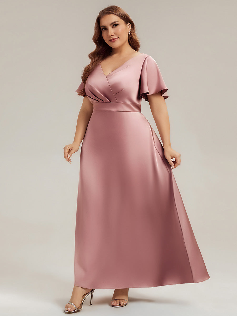 Gathered Satin Ruffle Sleeve Bridesmaid Dress