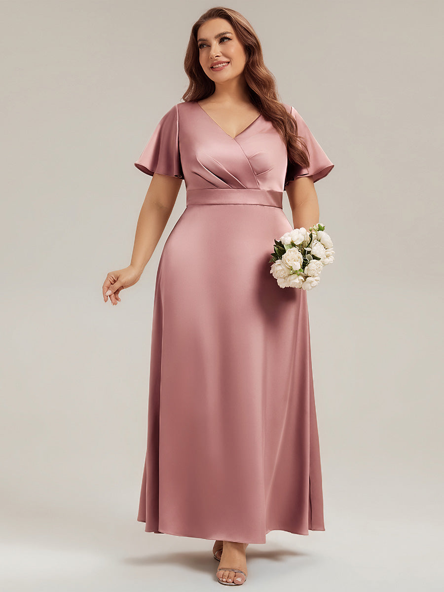 Gathered Satin Ruffle Sleeve Bridesmaid Dress