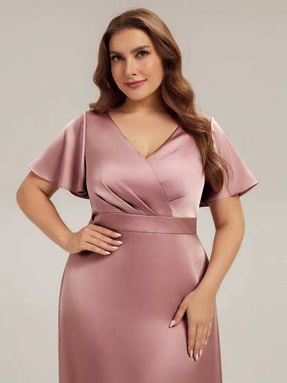 Gathered Satin Ruffle Sleeve Bridesmaid Dress