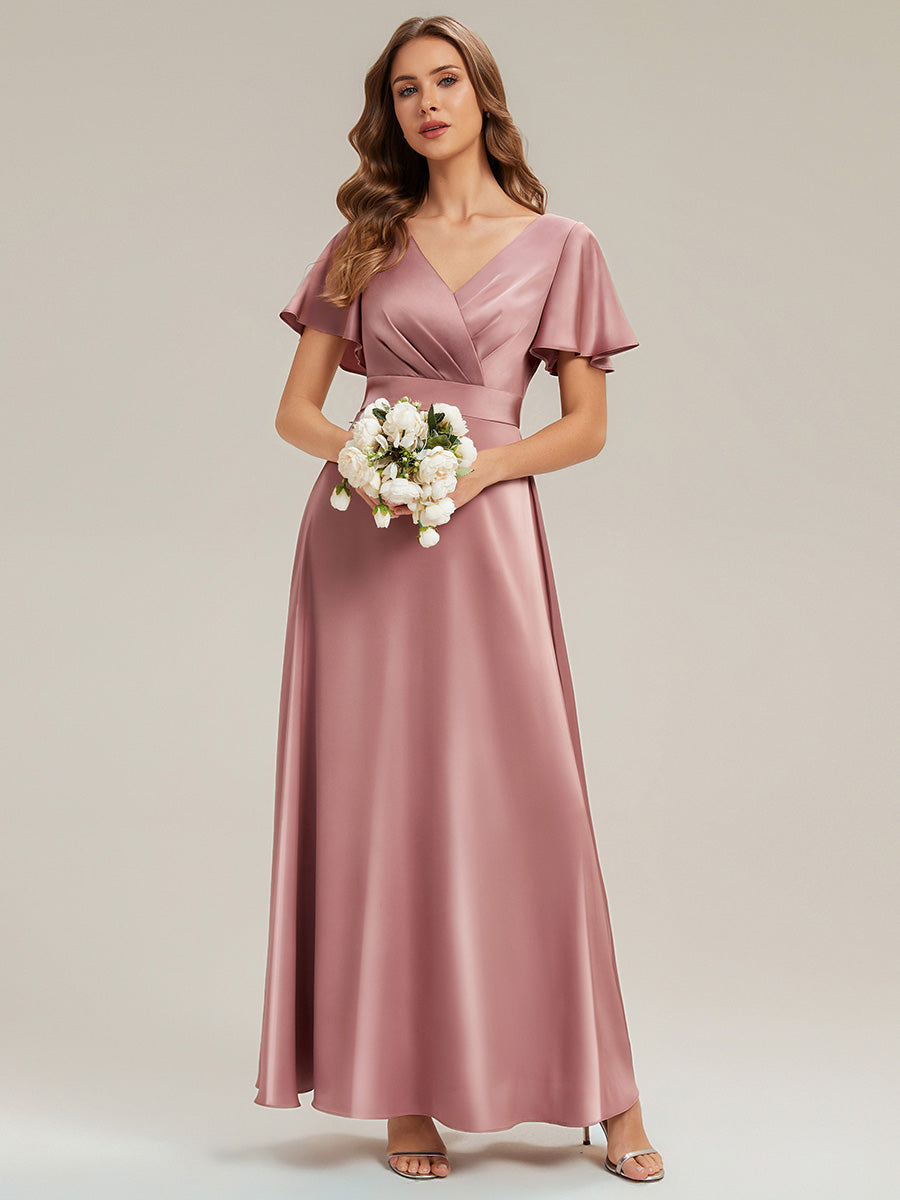 Gathered Satin Ruffle Sleeve Bridesmaid Dress