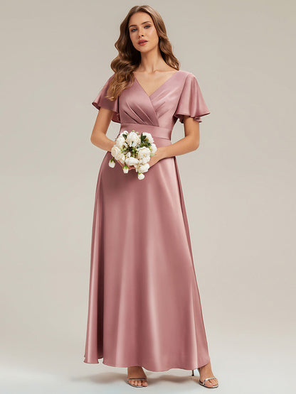 Gathered Satin Ruffle Sleeve Bridesmaid Dress