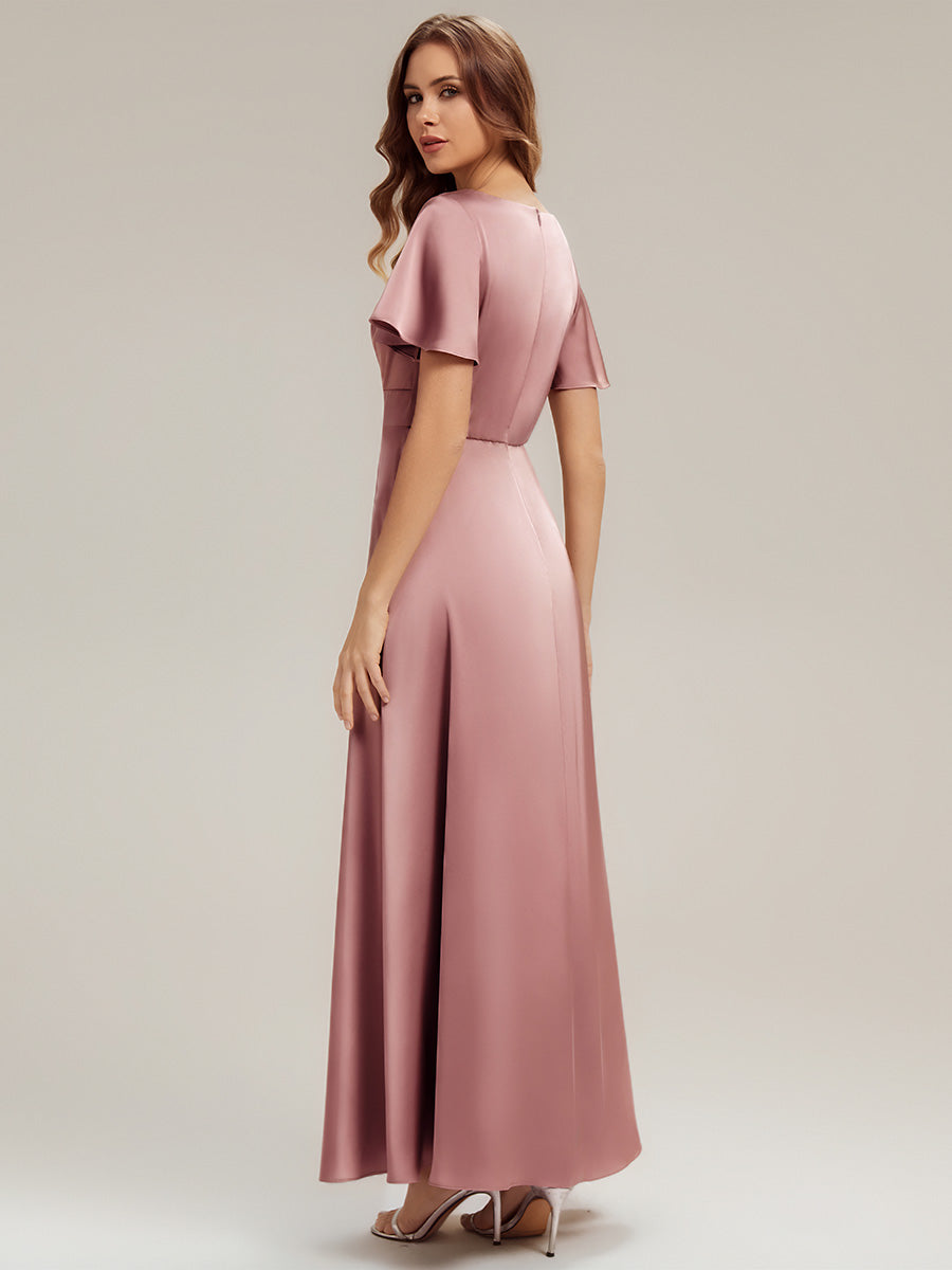 Gathered Satin Ruffle Sleeve Bridesmaid Dress