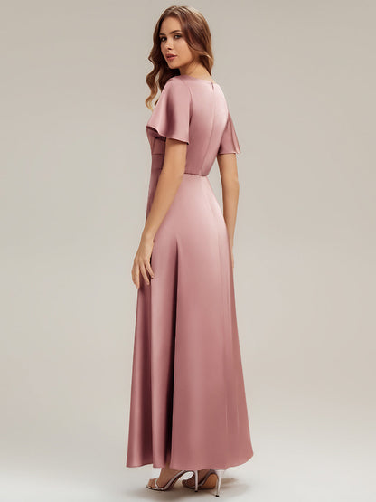 Gathered Satin Ruffle Sleeve Bridesmaid Dress