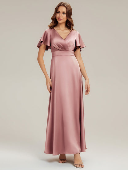 Gathered Satin Ruffle Sleeve Bridesmaid Dress