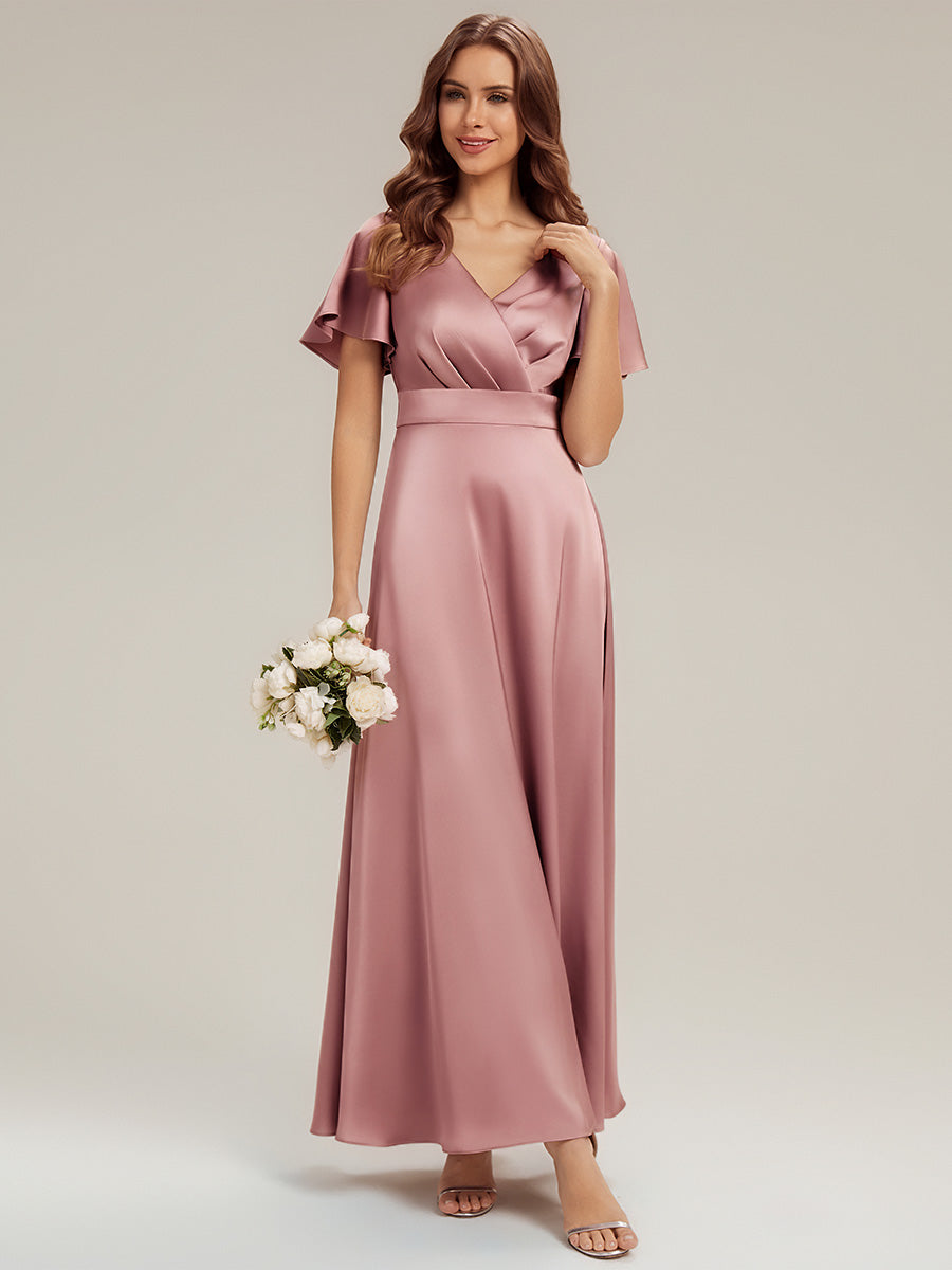 Gathered Satin Ruffle Sleeve Bridesmaid Dress