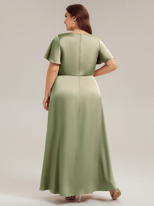 Plus Size Satin Ruffle Sleeve Bridesmaid Dress