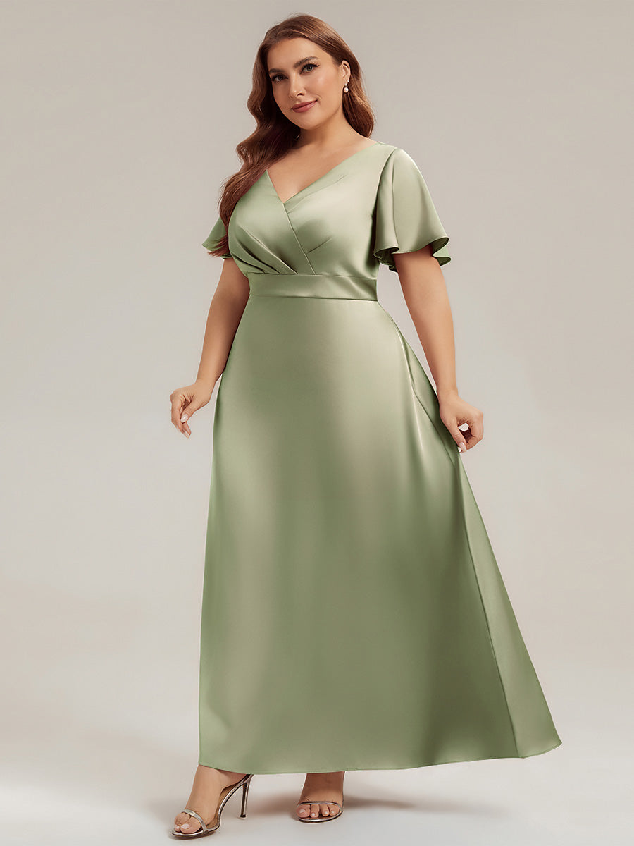 Gathered Satin Ruffle Sleeve Bridesmaid Dress