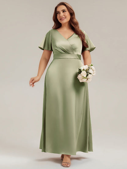 Gathered Satin Ruffle Sleeve Bridesmaid Dress