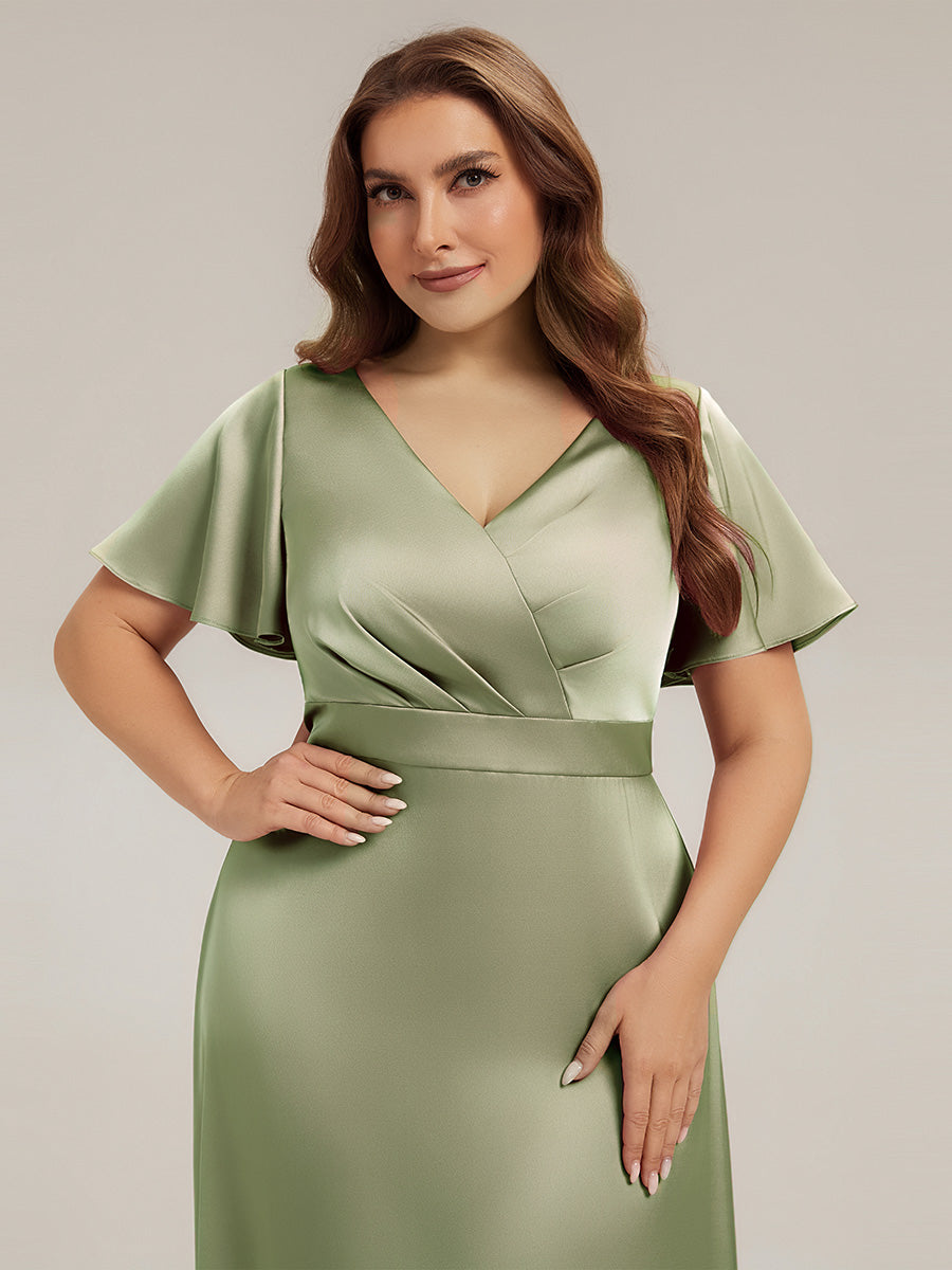Plus Size Satin Ruffle Sleeve Bridesmaid Dress