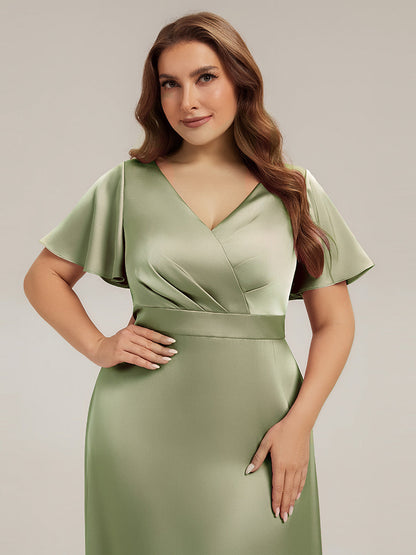 Plus Size Satin Ruffle Sleeve Bridesmaid Dress