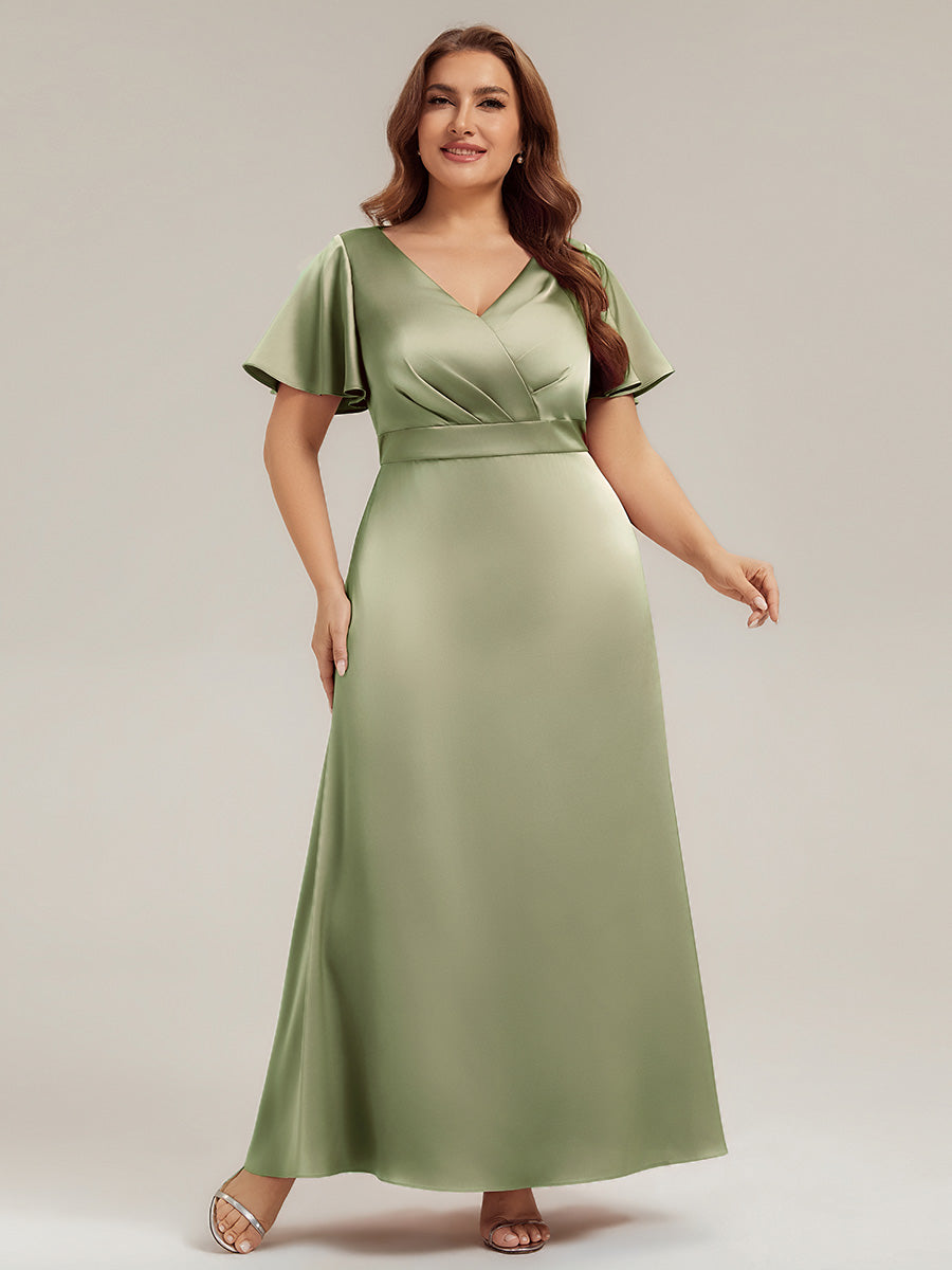 Plus Size Satin Ruffle Sleeve Bridesmaid Dress