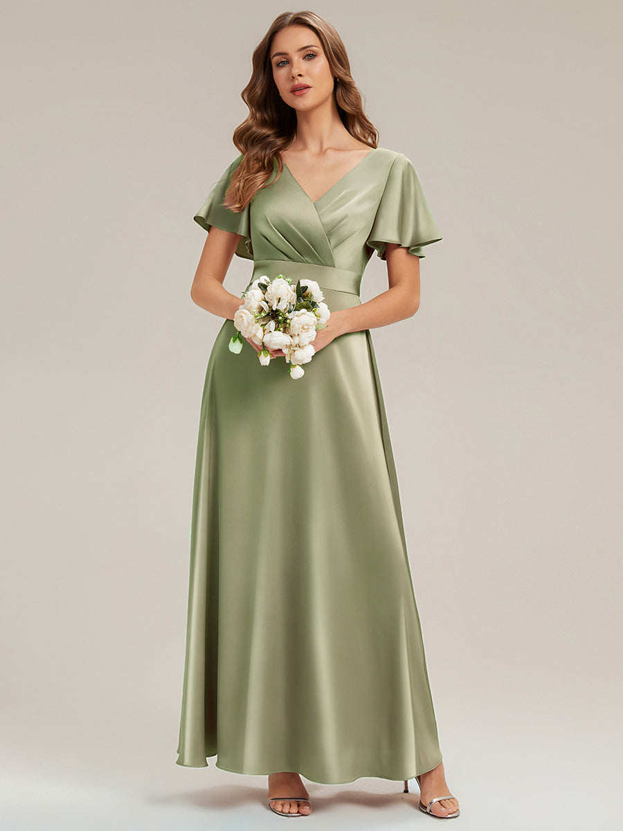 Gathered Satin Ruffle Sleeve Bridesmaid Dress