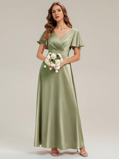 Gathered Satin Ruffle Sleeve Bridesmaid Dress