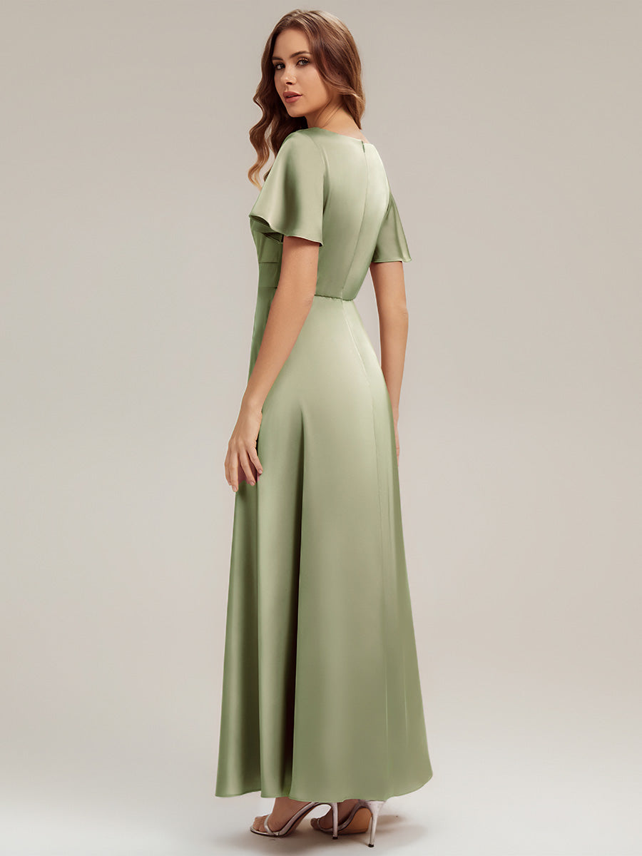 Gathered Satin Ruffle Sleeve Bridesmaid Dress
