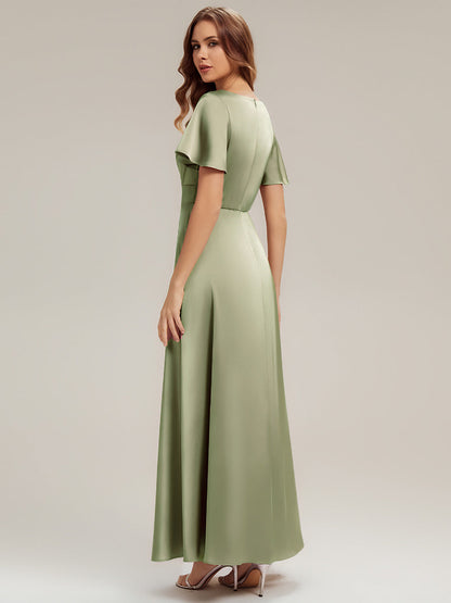 Gathered Satin Ruffle Sleeve Bridesmaid Dress