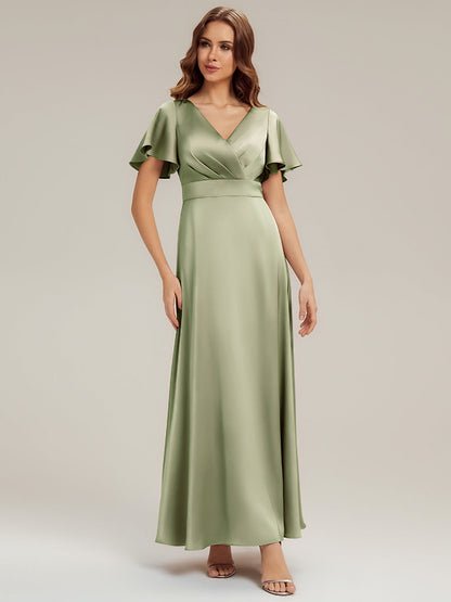 Gathered Satin Ruffle Sleeve Bridesmaid Dress